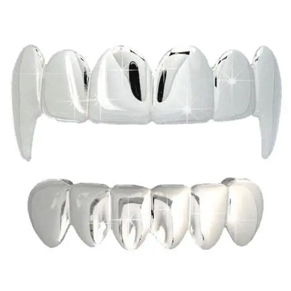 Shiny Silicone Vampire Fang Grillz Top & Bottom Set - Platinum Tone Mouth Grill Accessories with Solid Brass Accents, Hip-Hop Festive Party Accessory, Storage Box Included