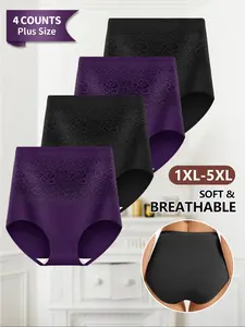 Morelect Women's High-Waisted Patterned Underwear Set, 4-Pack Fitted Casual Plain Triangle Pants, Comfortable & Breathable Design