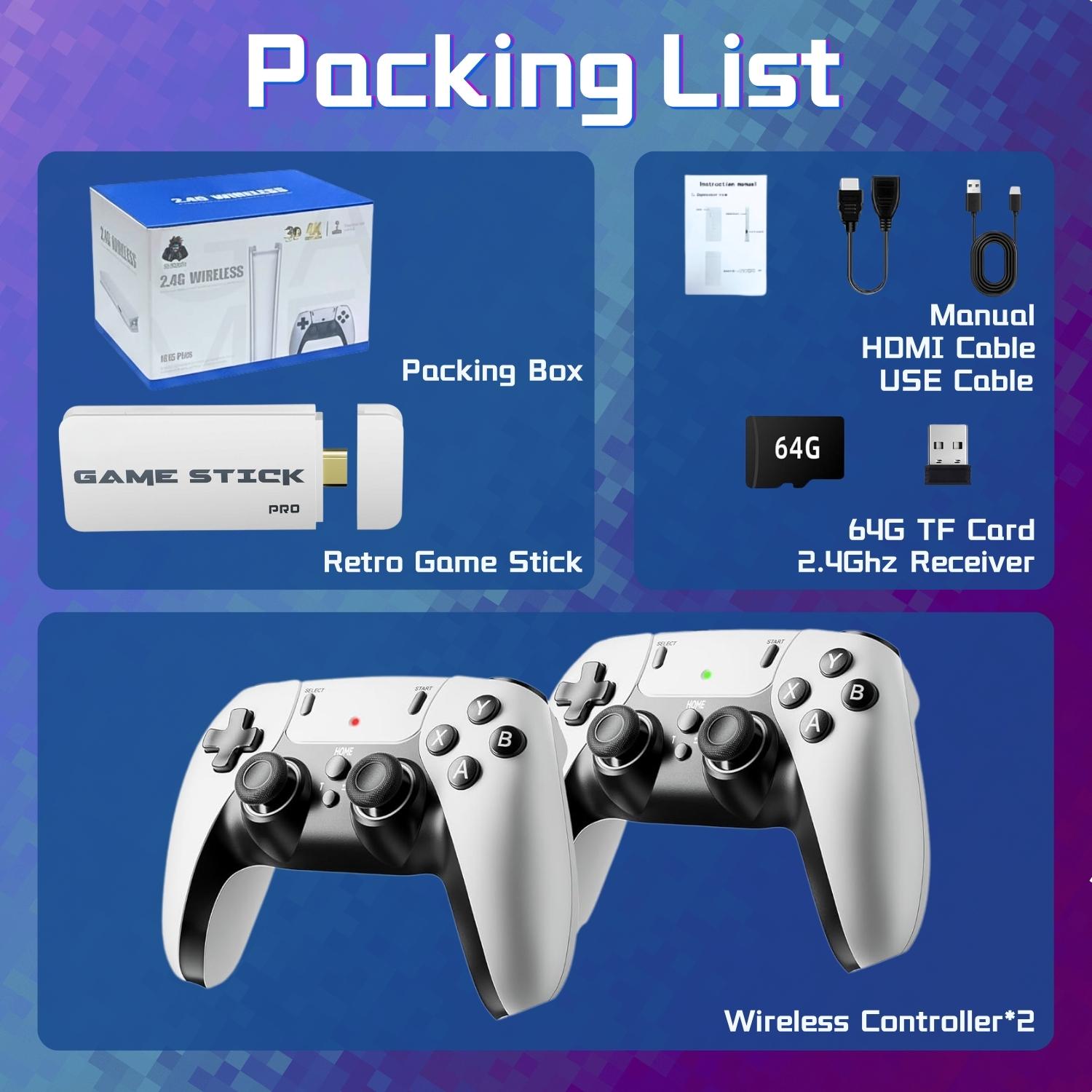 Retro Gaming Console, Retro Game Stick, 64GB SD Card Supports Up to 20,000+ Games, 23+ Emulators, 2 Wireless Controllers, Plug & Play Video Gamepad for Family, HDMI TV Game Stick