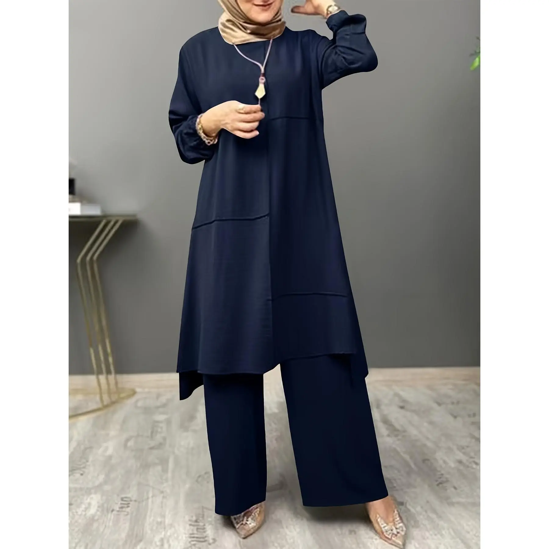 Elegant Abaya Set, 2-Piece Solid Color Matching Outfit for Women with Long Sleeve Top and Wide-Leg Pants for Daily Ramadan Wear, Set Outfit, Matching Outfits Set