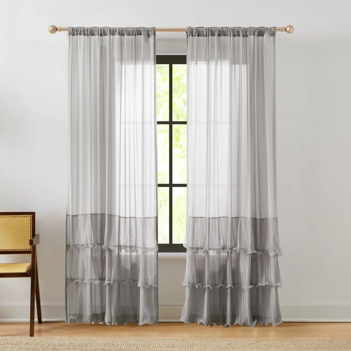 Lush Decor x Chuks Collins Georgette Sheer Ruffle Curtain for Windows, 52" W x 84" L Set of 2 Panels with Cascading Pleated Details, Romantic Airy Window Drapes