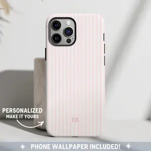 Personalized Pink Phone Case Custom Monogram iPhone Case, Aesthetic Pink, Blue, Beige Striped Phone Case, Summer Coastal Phone Case Preppy Phonecase Beachy