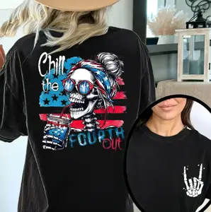 Chill the Fourth Out Skeleton Shirt, Funny 4th of July T-Shirt for Women, Patriotic American Flag Graphic Tee, Retro Independence Day Shirt, Oversized USA Skeleton Hand Top
