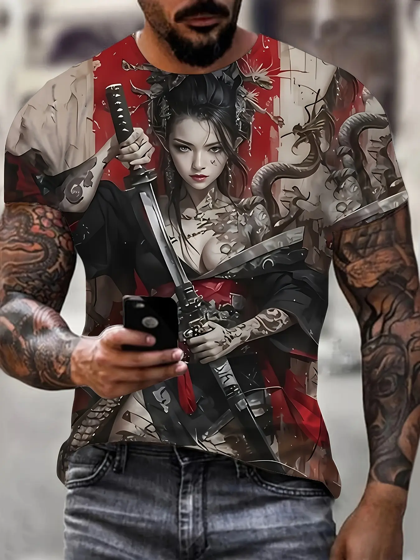 3D Graphic T-Shirt - Japanese Samurai and Kimono Design, Casual Polyester Crew Neck Fitted Short T-Shirt, Machine Washable, Adult Man Summer Streetwear, Streetwear Fashion, Top, Tee | Samurai Print Shirt | Polyester Fabric