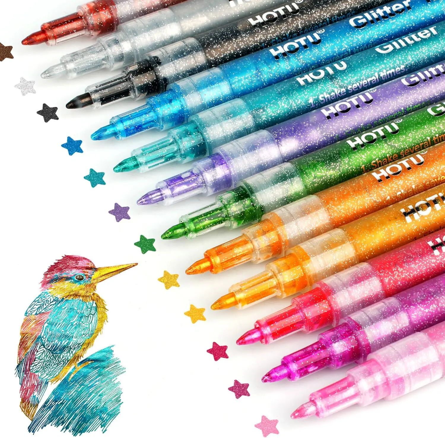 HOTU 24-Pack Water-Based Ink Glitter Markers for Stress Relief & Relaxation Journaling DIY Crafts Mom Kids Art Set Quick Dry Waterproof Lightfast 0.7mm Tip - Vibrant Creativity