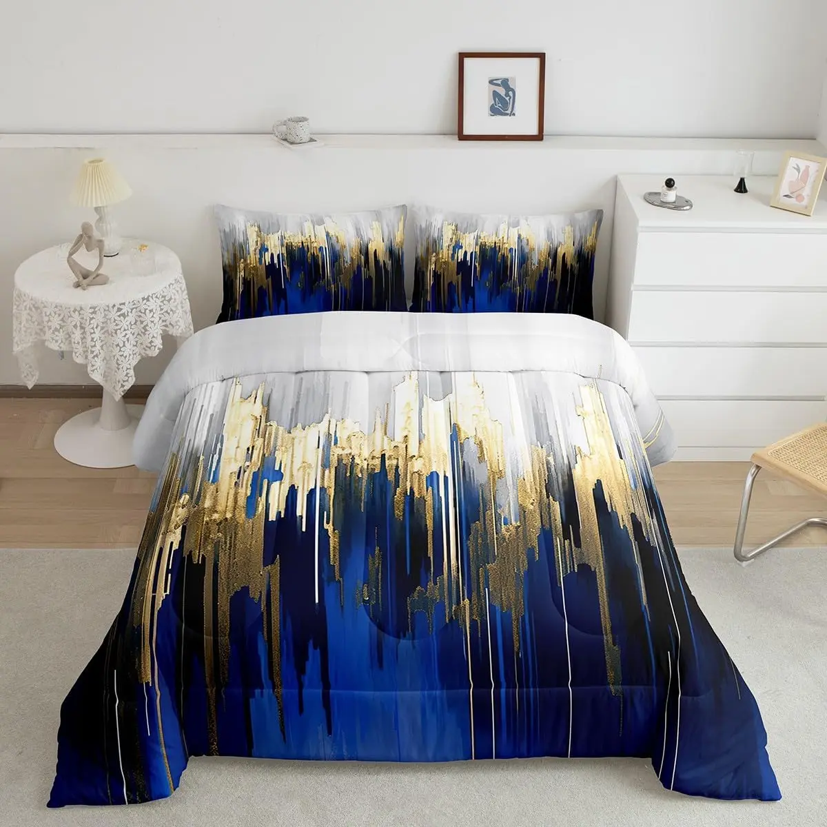 Feelyou Abstract Art Navy Gold Grey Microfiber Duvet Set - Luxury Shiny Stripe Pattern Bedding with Golden Metallic Sequins, Dark Blue Tie Dye, Machine Washable Duvet Insert, Luxury Pattern Duvets