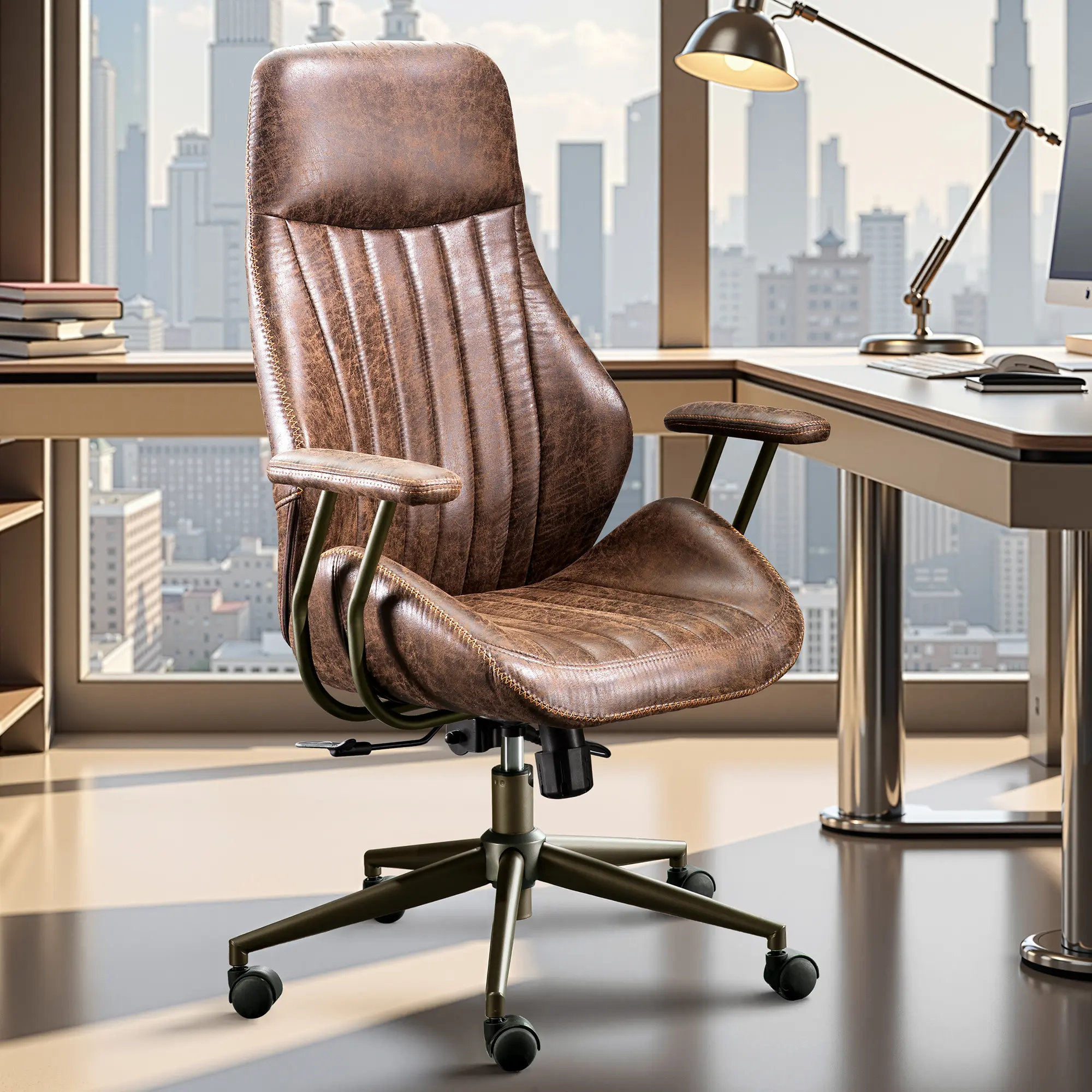 ALLWEX High Back Executive Office Chair, Breathable PU Leather Desk Chair with Adjustable Lumbar Support, 360° Swivel Computer Chair with 6 Quiet Wheels for Home Office & Workspace