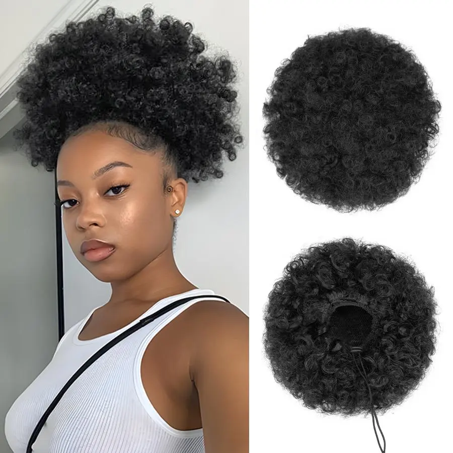 Black Women's Short Kinky Curly Drawstring Ponytail Extensions - Premium Synthetic Fiber Hairpieces, Afro Bun for Daily Use, Afro Kinky Curly Synthetic Extensions & Pieces, Puff Shape