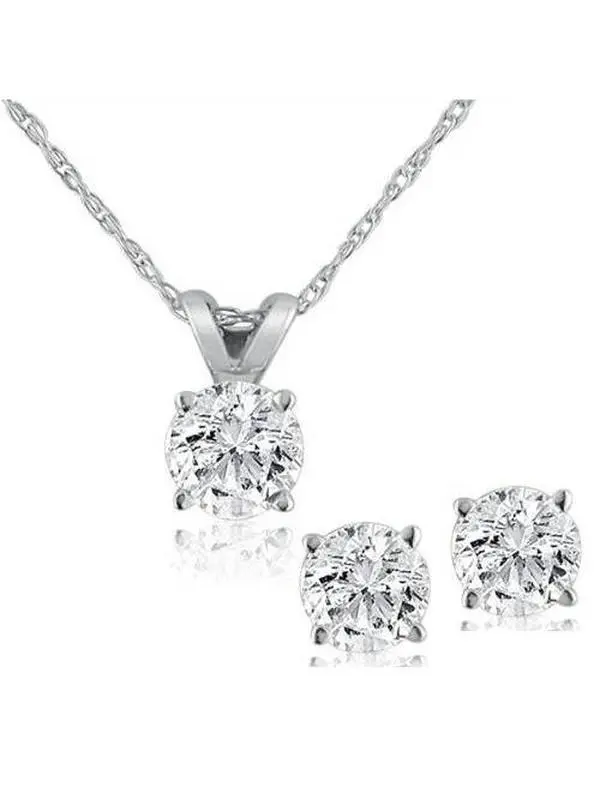 1ct Diamond Solitaire Necklace & Studs Set 14K White Gold