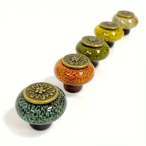 5-Piece Set Antique Ceramic Leopard Print Handle with Glass Detail - Single Hole Round Dresser Knob, Suitable Wardrobes, Drawers, and Wine Cabinets - Installation Accessories Included