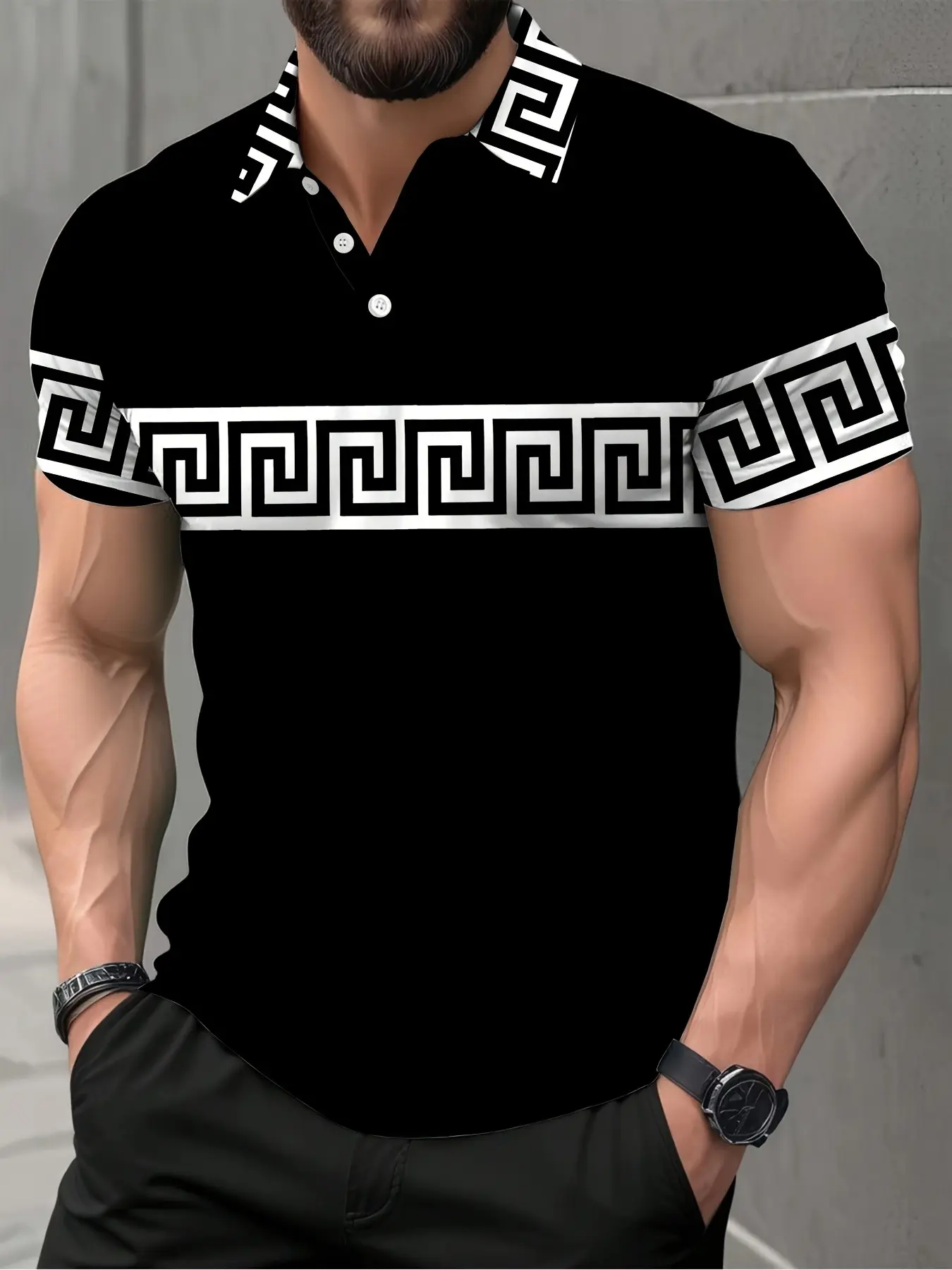 Men's casual 3D printed polo shirt, Striped polo shirt, Polo Style, new fabric, fluorescent green long-sleeved top, soft and breathable fabric, breathable polo shirts, suitable for outdoor and casual wear, Menswear