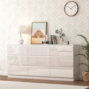 High Gloss Bedroom Dresser with Handleless Design - 7/9/12 Drawer Storage Solutions, Modern Bedroom Storage Cabinet with Built-in Power Outlet Charging Station, 12-Drawer/9-Tier Chest of Drawers Organizer