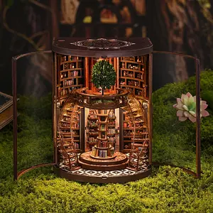 Vintage Abstract Renaissance Style Wooden Bookshelf DIY Model Kit, DIY Hut 3D Hand-Assembled Booklet Toy House, 3D Puzzle Country Style Wooden Shelf Decoration with Acrylic Dust Cover, Book Nook Kit, Miniature Dollhouse Kit