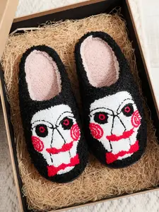 Horror Movie Cartoon Embroidered Plush House Slippers for Men and Women, Soft Comfortable Home Shoes for Autumn and Winter, Ideal Relaxation Slippers and Perfect Halloween Gift