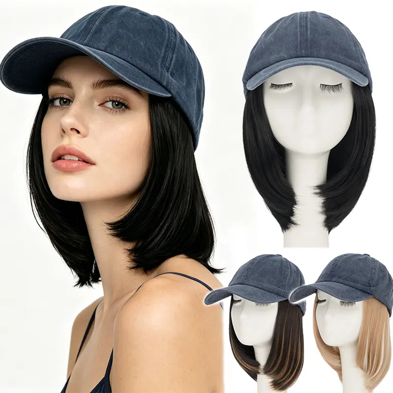 Vintage Hat Wigs for Women, Adjustable Blue Baseball Cap with Hair Extensions Short Bob Hairstyle Caps with Synthetic Wigs