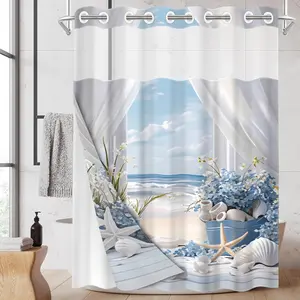 1PC 2D Flat Fresh Coastal Window View Removable Shower Curtain, Seashell Hydrangea Design, Waterproof & Detachable Liner, Bathroom Curtain (No Hooks)
