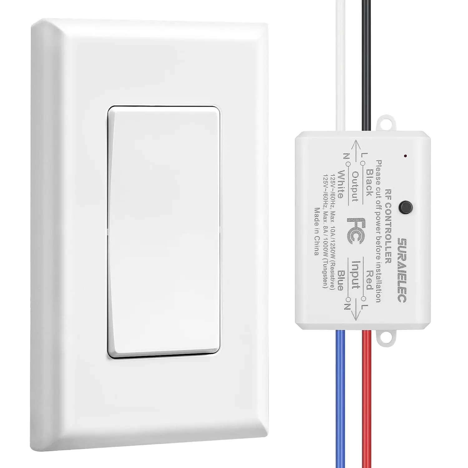 SURAIELEC Wireless Remote Light Switch, No Wiring, No WiFi, 100ft RF Range, Pre-Programmed, Expandable Wireless Wall Switch and Receiver Kit, Remote Control Light Fixture for Lamp, Ceiling Light, Fan