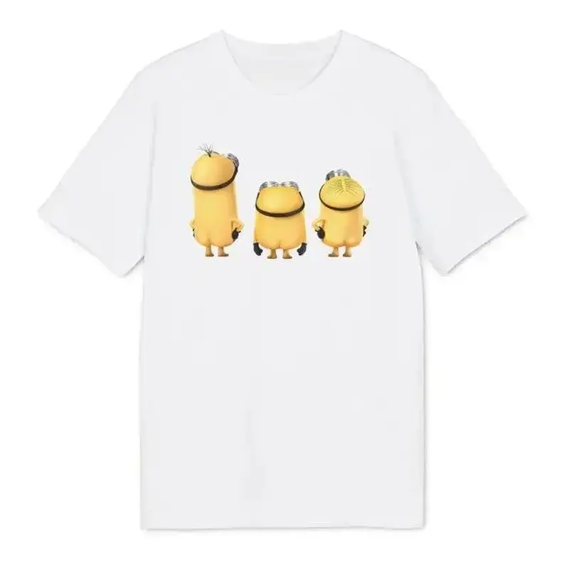 Cute Three Yellow Cartoon Characters Back View Graphic T-Shirt Funny Minimal Animation Print White Cotton Short Sleeve Tee Unisex Casual Streetwear Top For Men Women Kids Cartoon Movie Fans Daily Trendy Outfit