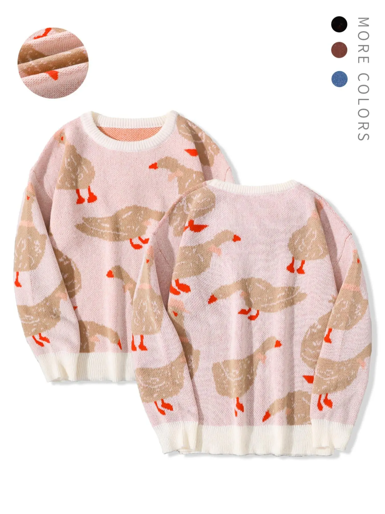 Men's Casual Duck Print Sweater, Contrast Color Knit Long Sleeve Round Neck Pullover, Soft Fabric for Spring & Fall Seasons
