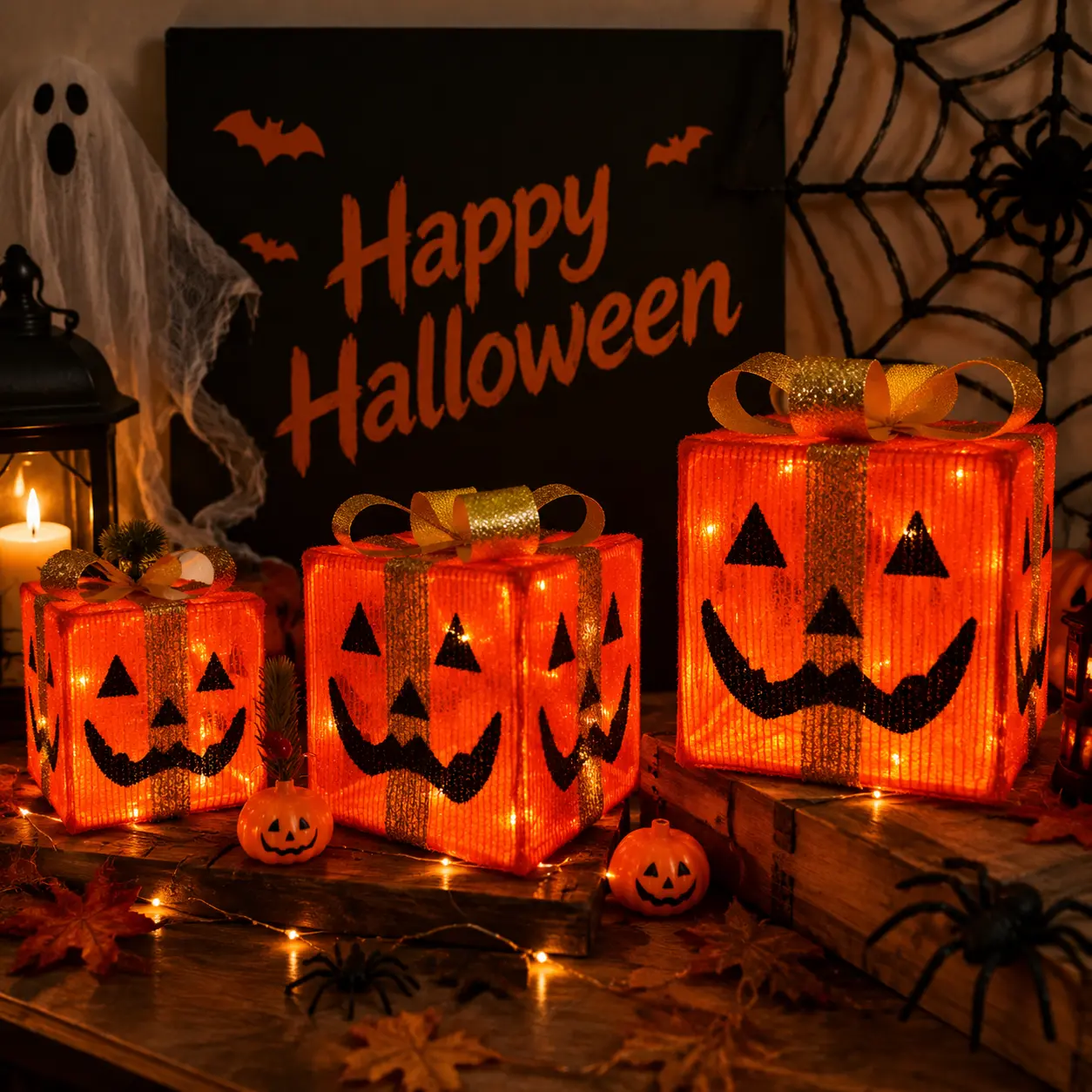 Halloween Lighted Present Boxes Set of 3, Assembly Required, One Shared LED String Connects Small Medium Large Boxes, 3 AA Batteries Required