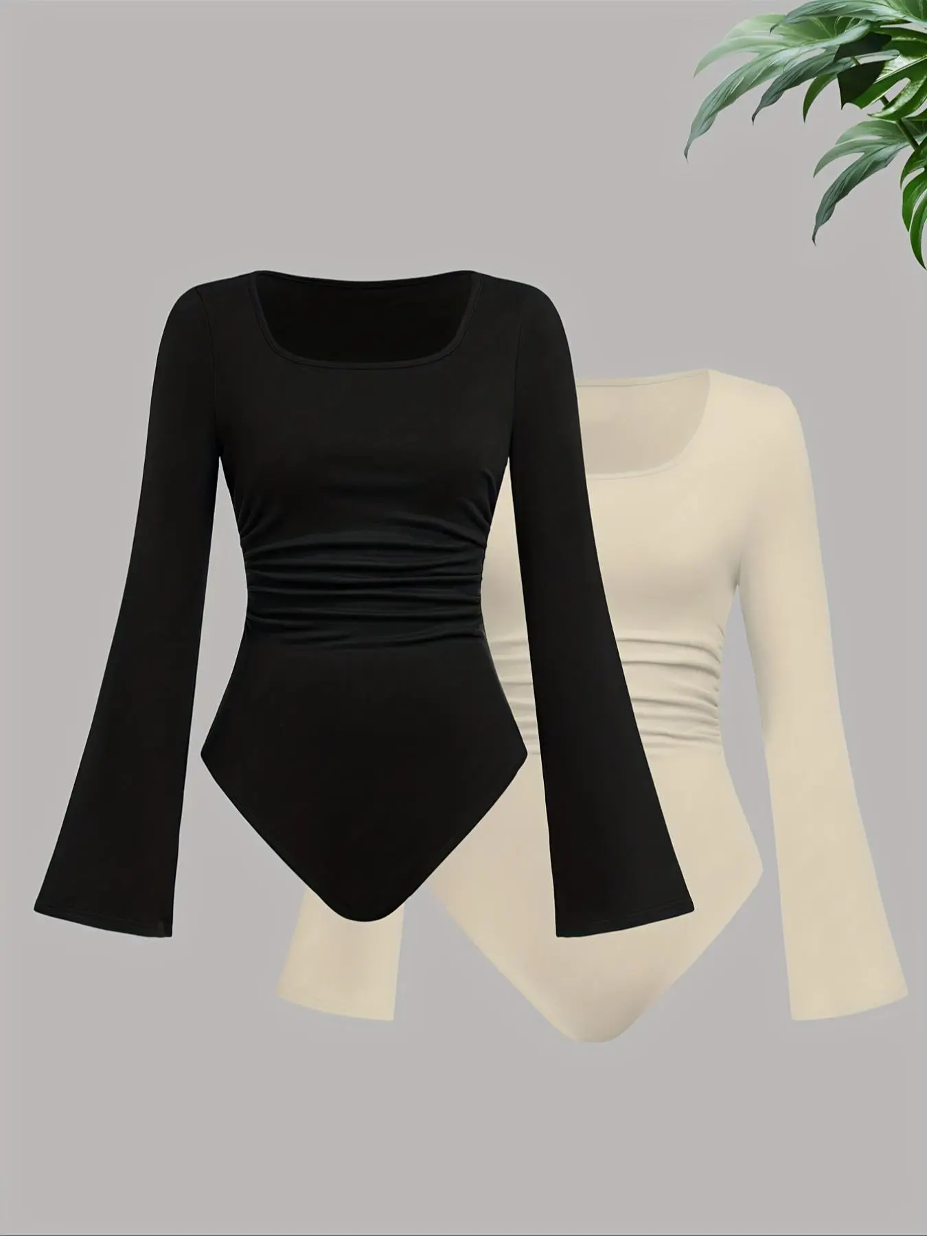 Women's Solid Ruched Flounce Sleeve Snap Closure Crotch Bodysuit, Elegant Chic Basic Scoop Neck Long Sleeve Bodysuit for Fall & Winter, Ladies Clothes for Daily Wear, Long Sleeve Bodysuit, Womenswear