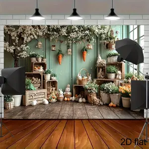 1pc Easter Photo Backdrop - Farmhouse Style Green Wall with Carrots, Bunnies, Garland & White Flowers - 2D Flat Photography Background Wall Hanging Backdrop for Easter Parties, Photo Booth Props, Easter Decorations