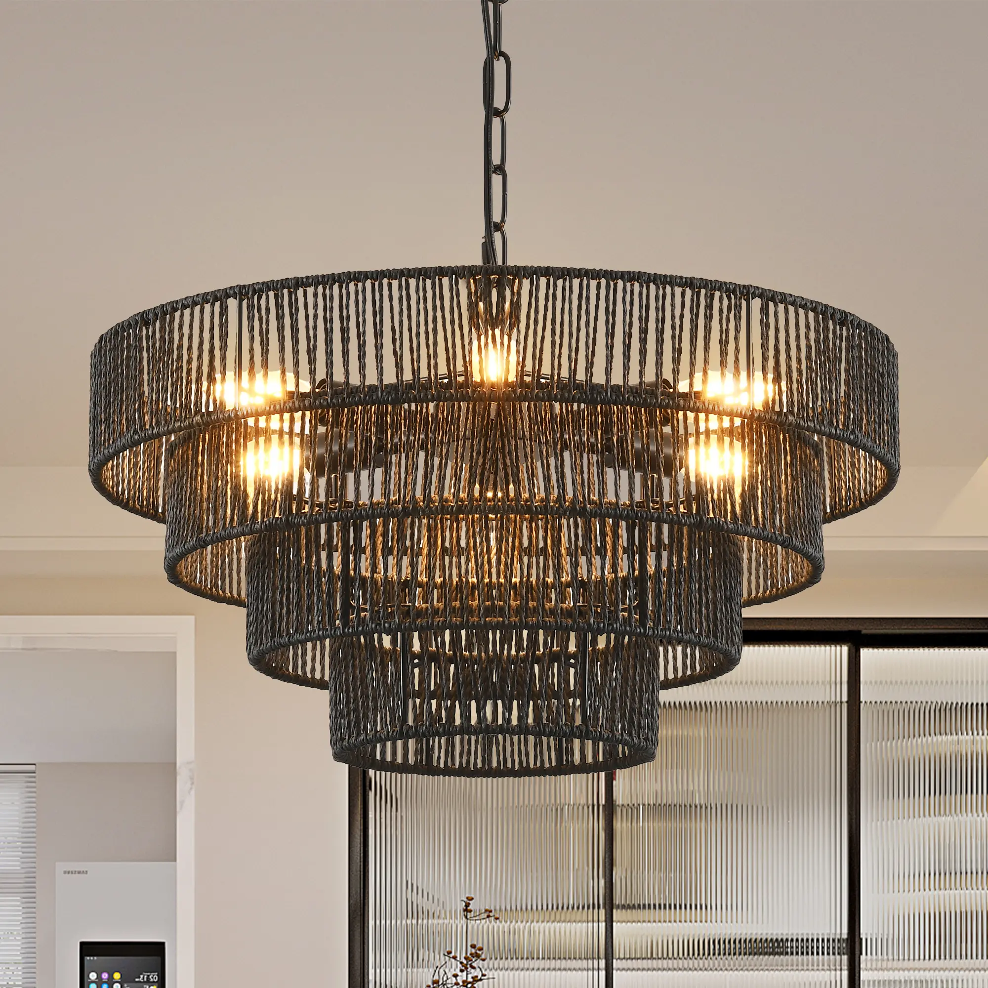 6-Light Boho Tiered Round Chandelier Black, Woven Metal Pendant Light Fixture, Bohemian Hanging Ceiling Light with E12 Base for Dining Room Living Room Bedroom Entryway, Modern Vintage Decorative Lighting