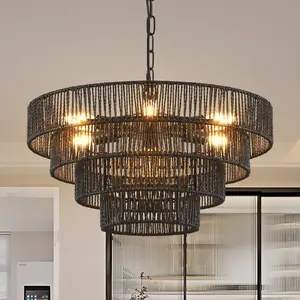 6-Light Boho Tiered Round Chandelier Black, Woven Metal Pendant Light Fixture, Bohemian Hanging Ceiling Light with E12 Base for Dining Room Living Room Bedroom Entryway, Modern Vintage Decorative Lighting