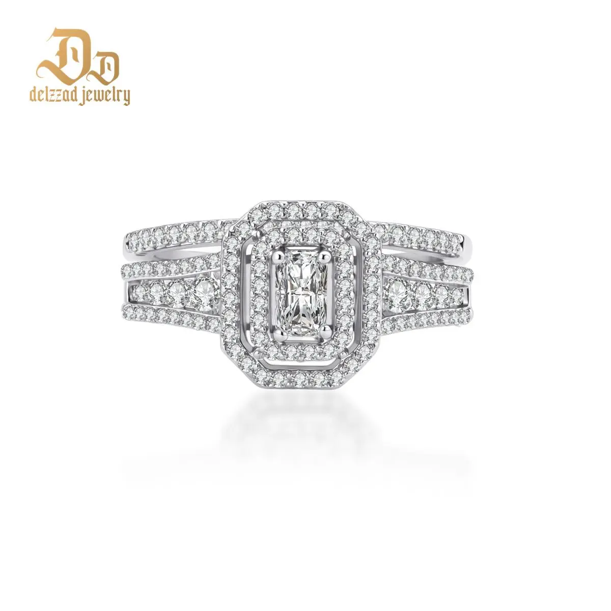 Delzzad 14K Gold-Plated 1.3ct Imperial Halo Band Double Halo Engagement Ring Luminous Theater Ring Heirloom Wedding Ring VVS Synthetic Moissanite Ring Jewelry Perfect Engagement Wedding Anniversary Christmas Gift
