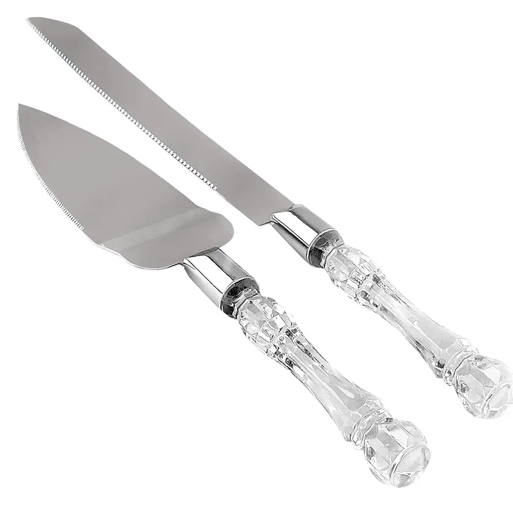 LUSHIG Elegant Cake Serve & Slice Set, Kitchenware with Crystal Acrylic Handles, Durable Steel & Stainless Steel-ABS Plastic Cutting Dessert Knives for Weddings, Birthdays