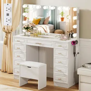 VOWNER Vanity with Lighted Mirror - Glass Top Makeup Vanity Desk w/Bluetooth Speaker, 14 Lights and 11 Drawers, 3 Color Lighting Modes Adjustable Brightness, Makeup Desk with Outlet for Bedroom, White