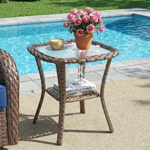 Belord Square Wicker Outdoor Side Table, Glass Top, and Lower Storage Shelf, NTC Series