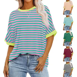 【New】Imily Bela Womens Striped Oversize T-Shirt Casual Half Sleeve Color Block Tunic Summer Crew Neck Tee Tops