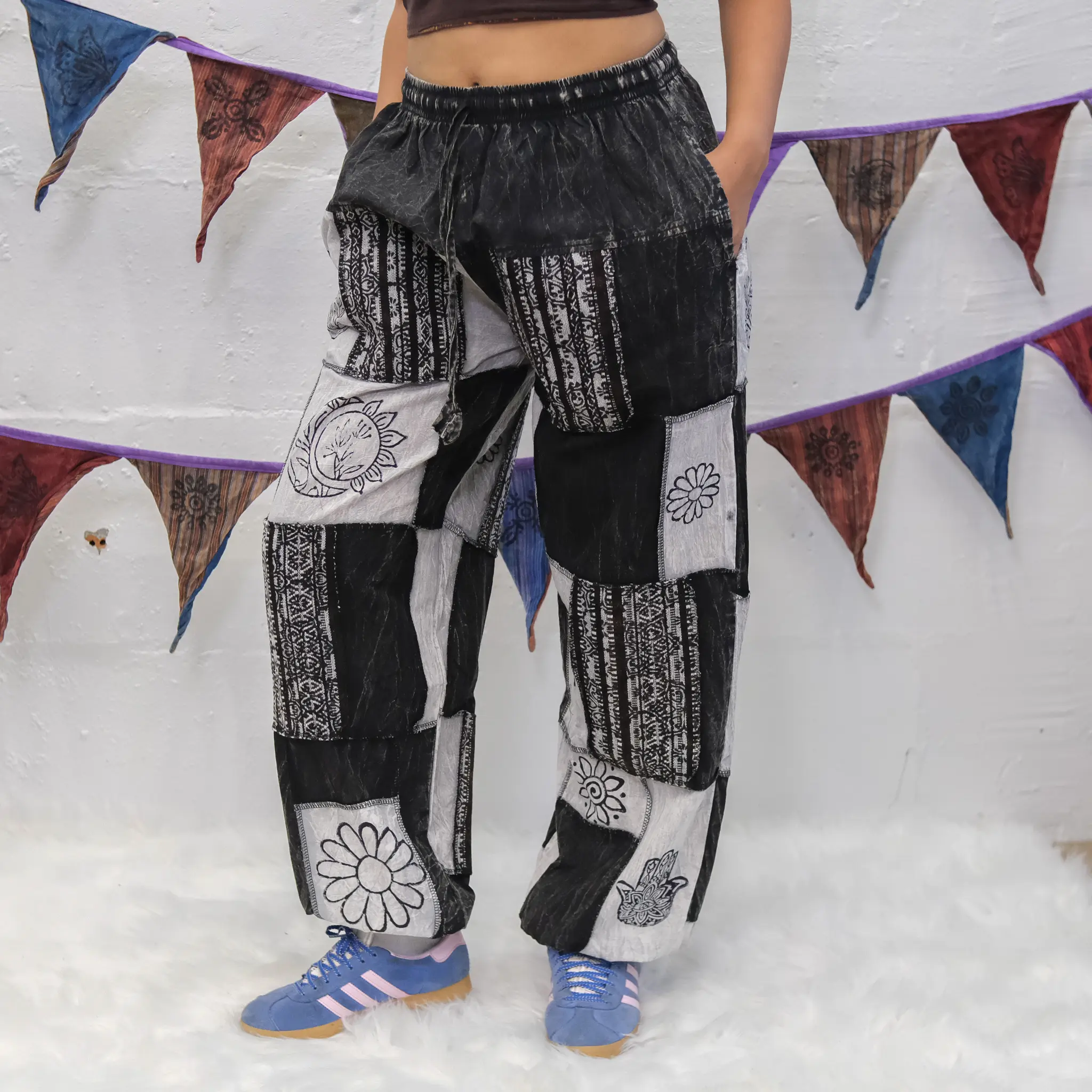 Soft Cotton Patchwork Cargo Trousers - Boho Comfy Casual Pants, Handmade Earth-Tone Unisex  Harem Joggers with Elastic Waist & Pockets