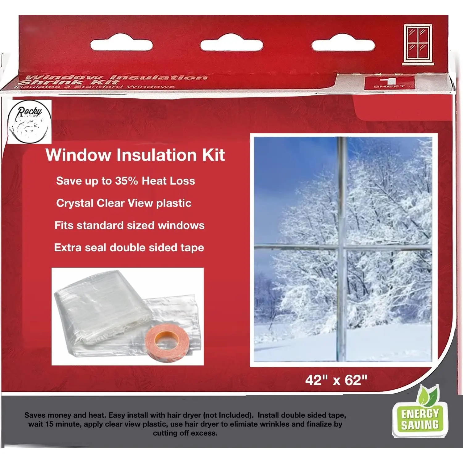 Window Insulation Kit for Winter - 42" X 62"- Clear Sealer Plastic Winterizing Shrink Covering to Block Cold Air - Double Faced Tape - Saves 35% Heat Loss - Easy Install (1 Pack)