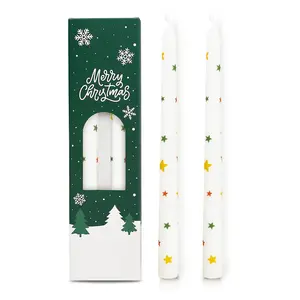 2 Pack Christmas Taper Candles, 10 Inch Unscented White Candlesticks with Colorful Star Design ,Festive Decor Set Ornaments