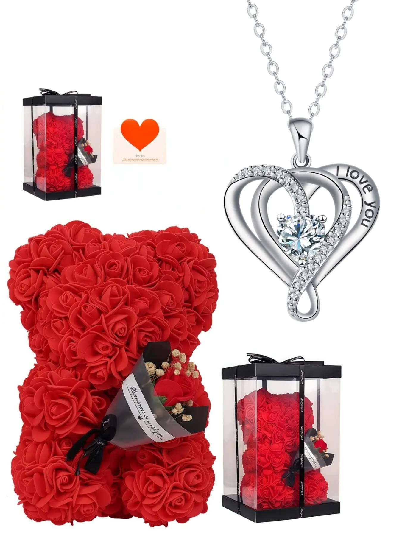 Sparkling Heart Love Necklace, Anniversary Necklace, double heart "I Love You" Heart Shaped gemstone necklace with preserved rose teddy bear gift box, birthday gift jewelry, a romantic gift for birthdays, Valentine's Day, Mother's Day and Christmas