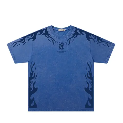 Eurasian Trendy Dark Street Style Streetwear Heavy Wash Tie-Dye Vintage Flame Letter Print Round Neck T-Shirt, Unisex Summer Casual Short Sleeve Top, Casual tee tops