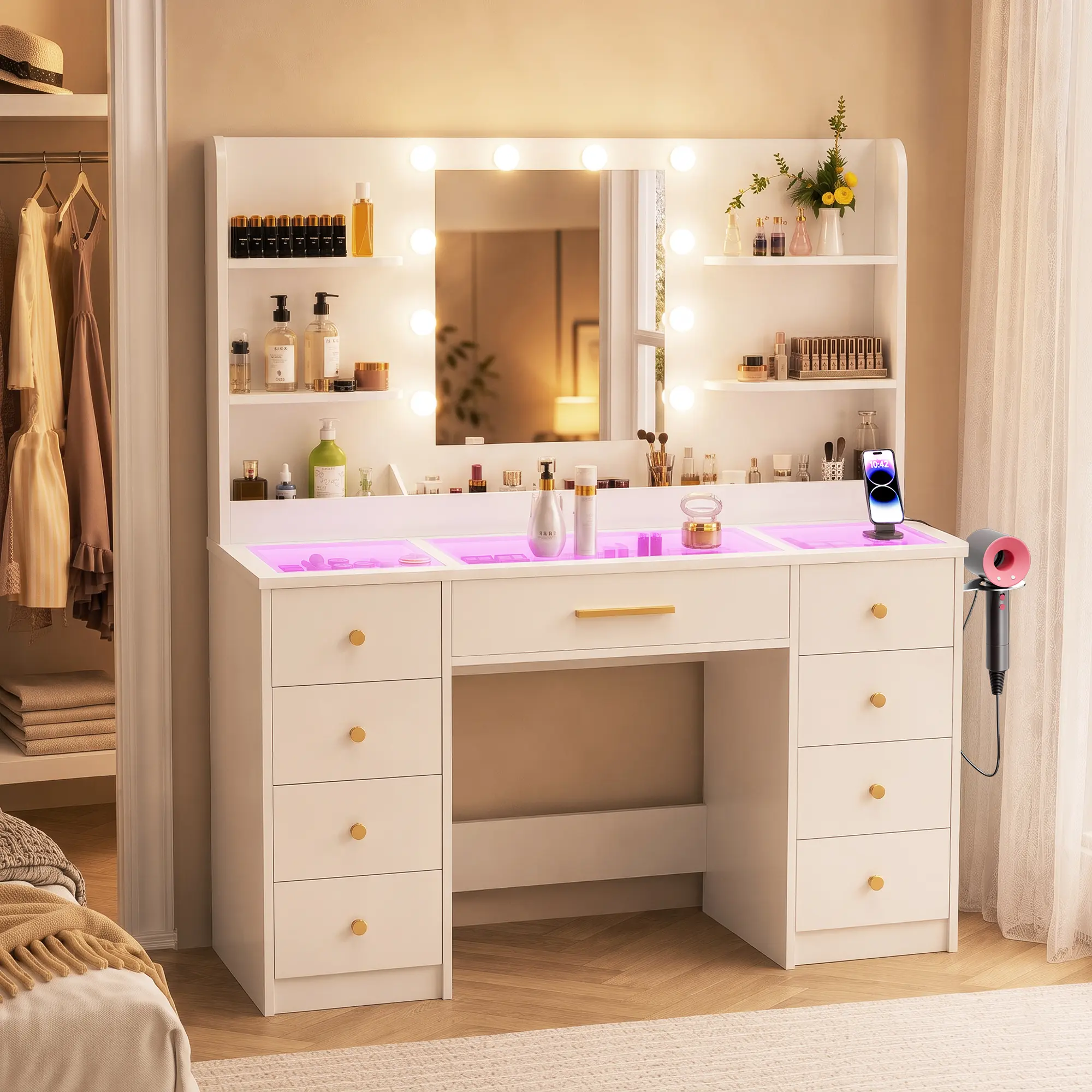 LAKEMID Makeup Vanity Desk with Mirror and LED Lights,3 Colors, Transparent Top with 3 RGB Drawers,4 Shelves and 9 Drawers,Power Outlet,Modern Glass Top Vanity,Vanity Desk Set for Bedroom,Bathroom,White Makeup Vanity Table Lighted Vanity Desk