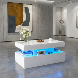 High Gloss LED Coffee Table 2 Tier Storage Wooden Center Table Remote Control Color Changing Light Minimalist Rectangle Side Table Home Living Room Bedroom Decor Furniture