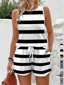 Two-piece Set Women's Striped Print Tank Top & Shorts, Casual Sleeveless Top & Shorts for Summer, Ladies Clothes for Daily Wear, Casual Fashion Set