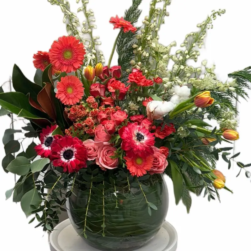 Silence – Premium Tropical Arrangement with Vibrant Red Gerbera Daisies Assorted Flowers in Elegant Green Vase for Home Decor