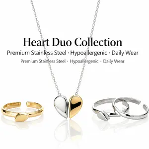 Heart Duo Collection Premium Stainless Steel Hypoallergenic Daily Wear Unisex Couple Jewelry Set - Necklace & Ring Anniversary Gift