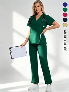 Women's Scrubs Set, Womenswear Everyday V Neck Quick-Dry Breathable Polyester Top,Anti-Pilling Breathable Multi-Pocket With Side Pocket Jogger Pants Comfort Fit Easy Care Workwear Uniforms