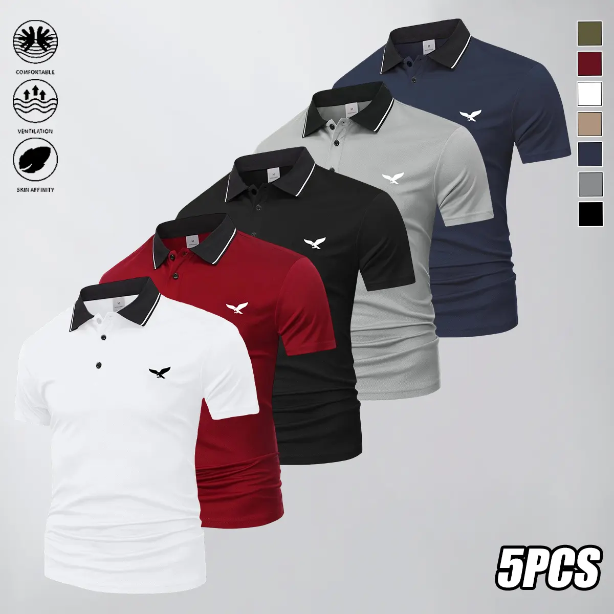 Men’s 5-Pack Button Down Polo Shirts - Short Sleeve Polyester Fabric Tops, Basic Button Design, Casual Sporty Style, Ideal for Golf, Everyday Wear, Father’s Day Gifts