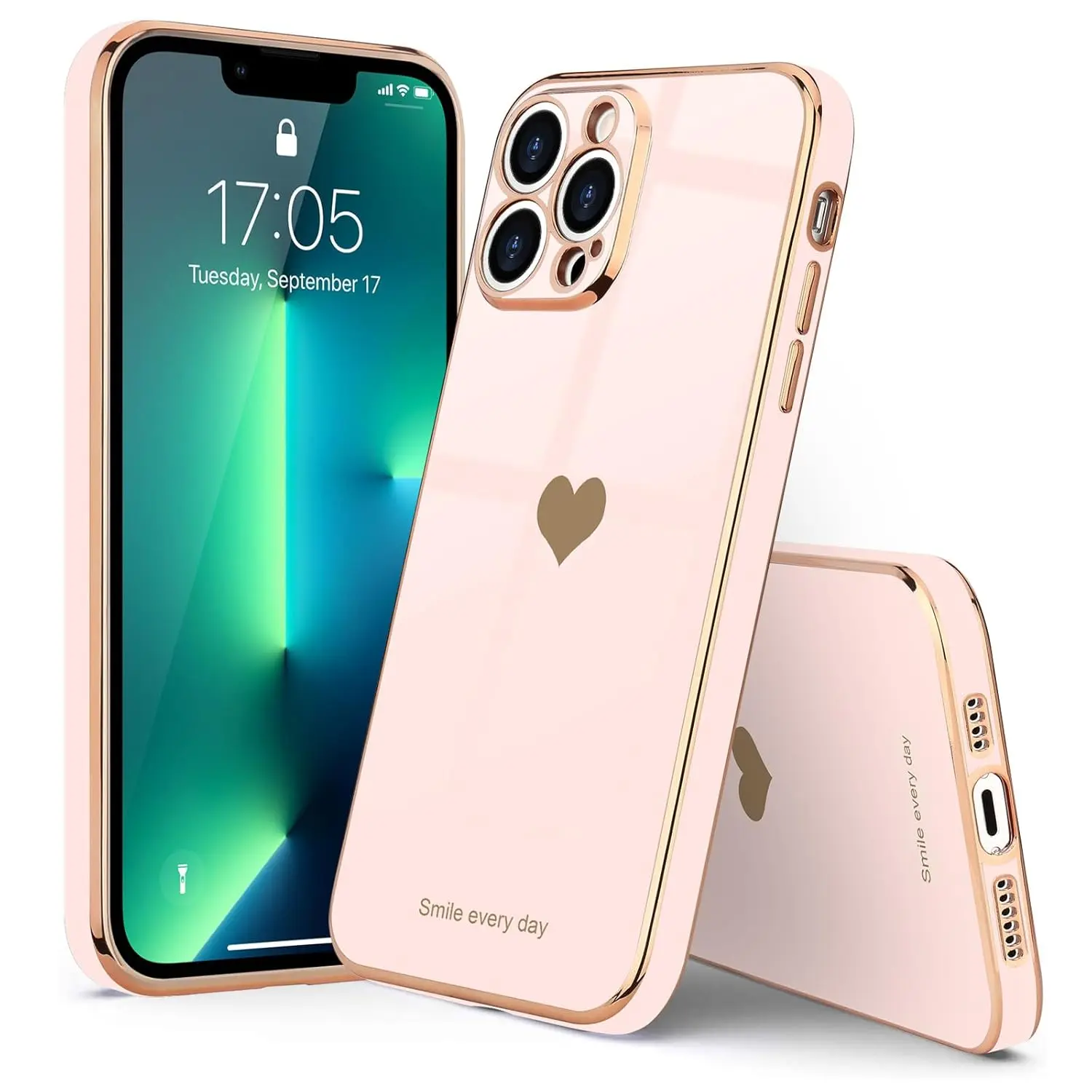 Entronix Case for Apple iPhone 17/16/15/14/13/12/11/XR Air/Plus/Pro Max - [Smile Every Day] Golden Heart Plated Cover, Smartphone Accessories
