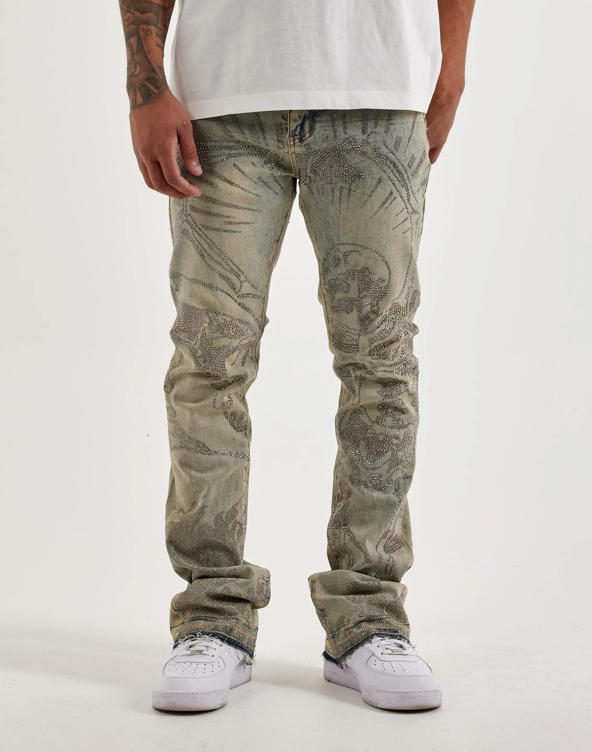Mens WAIMEA Stacked Rhinestone Skull Denim Jeans