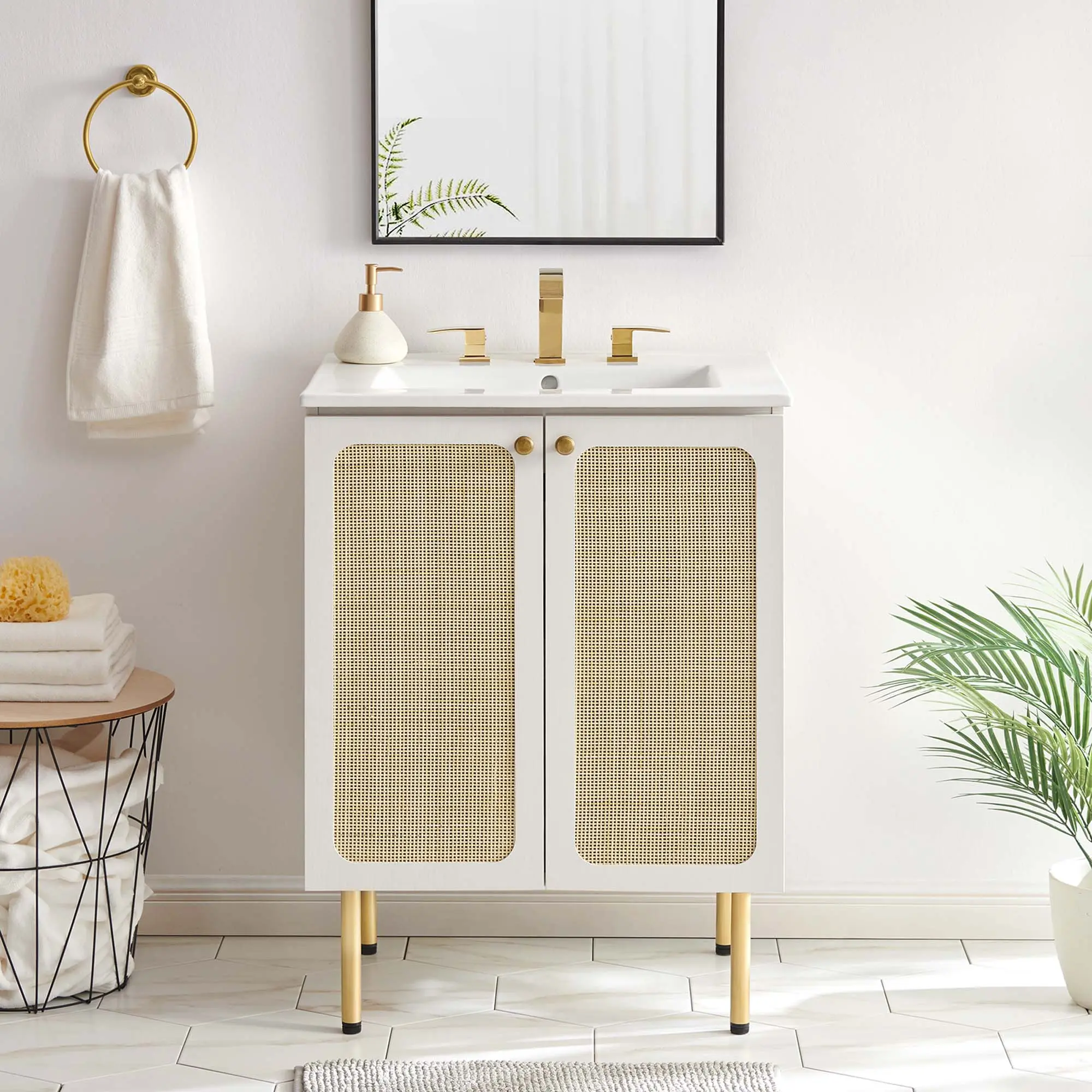 Chaucer 24-in Bathroom Vanity Set, White MDF Rattan Cabinet with Adjustable Shelf and Ceramic Basin, Wood Grain Laminate Bathroom Fixture
