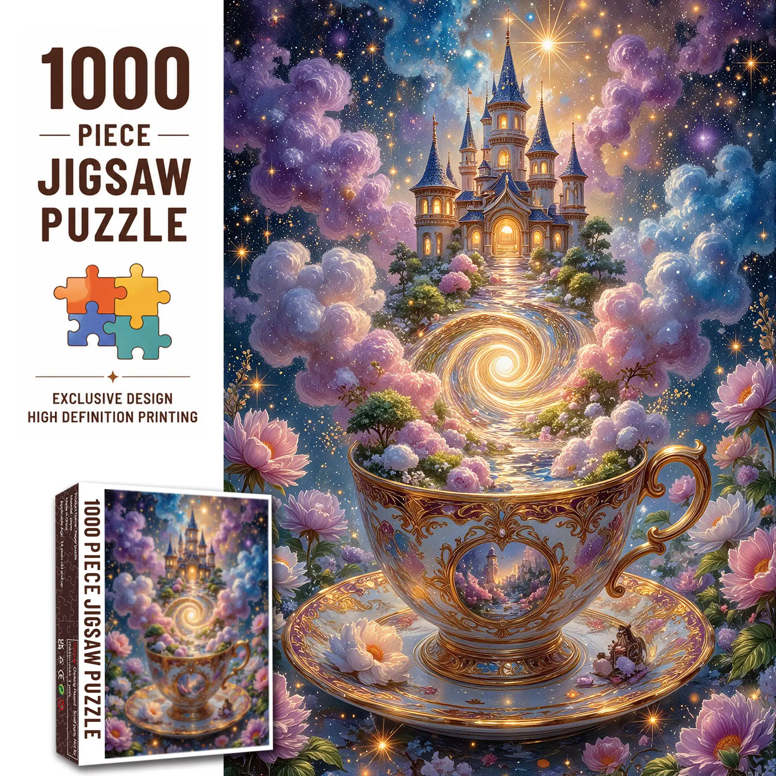 Walarky 1000-Piece Fantasy Castle Celestial Theme Adult Jigsaw Set - Flat Paper Puzzles, Celestial Palace with Flowers & Starry Sky, Stress Relief Brain Game, Gift for Fantasy Lovers, 27.5x20in(70x50cm)