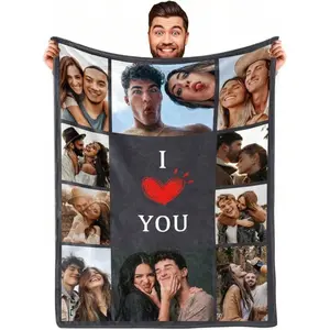I Love You Custom Photo Throw Blanket, Collage Flannel Blanket, Soft Cozy Warm Throw, Personalized Couple Memory Design, Anniversary Valentine's Day Gift for Him Her Boyfriend Girlfriend, Grey Couples Couch Bedroom Decor(Leave a photo via private message)